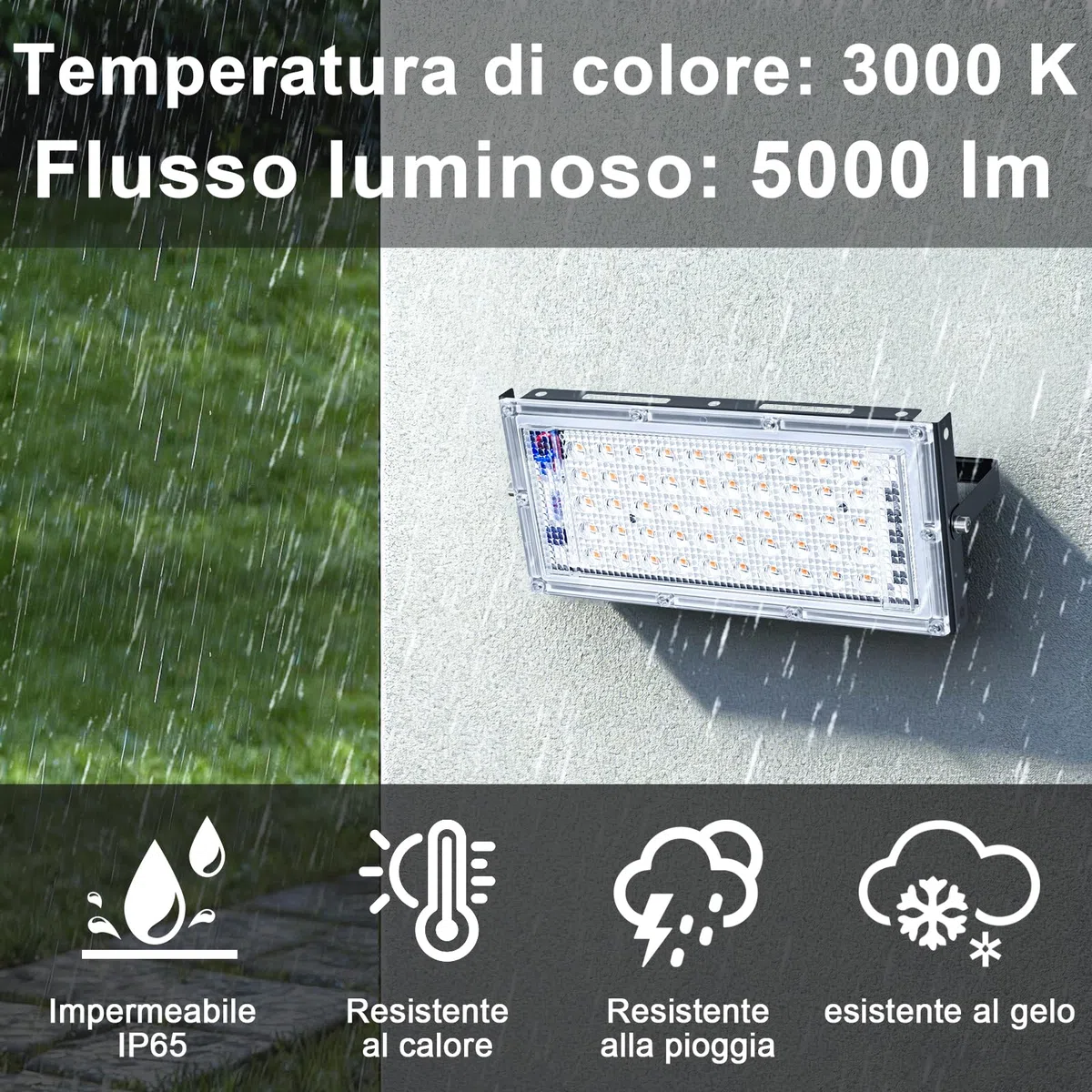 CREATESTAR 50W Faretto LED da Esterno，2pcs Faretto Led con Spina,3000K Bianco Caldo Faretti led 5000LM,faretti LED esterni 3000K, IP65 Impermeabile per Giardino,Patio, Garage