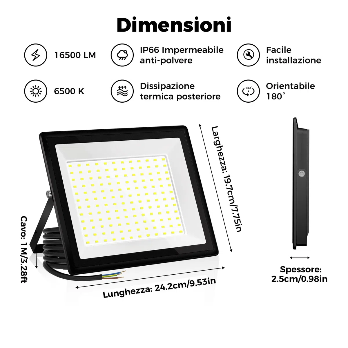Faretto LED da esterno 150W Industriale 16500LM 6500K Luce Giorno IP66 Impermeabile, Dissipazione Termica Efficiente, Risparmio 85% Faretti LED Esterno per Corti/Magazzini/Garage (1pcs)