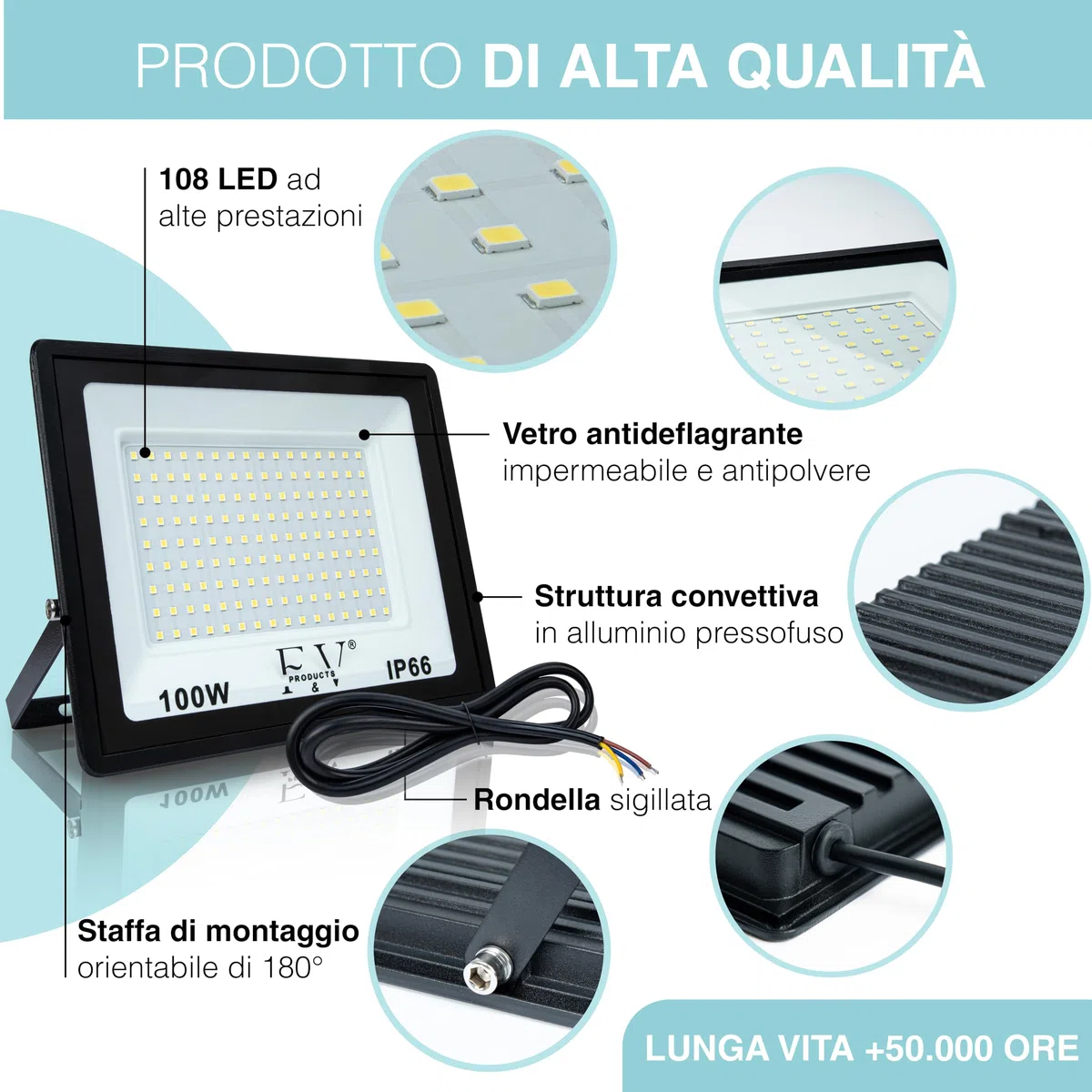 F&V PRODUCTS Faretto LED da Esterno 100W, Cavo 1 M, Luce Bianca Fredda 6500K, 10000 LUMEN, IP66, IK08, Alluminio e Vetro Temperato, Faro LED 220V per Illuminazione Esterna, Giardino, Garage, Facciate