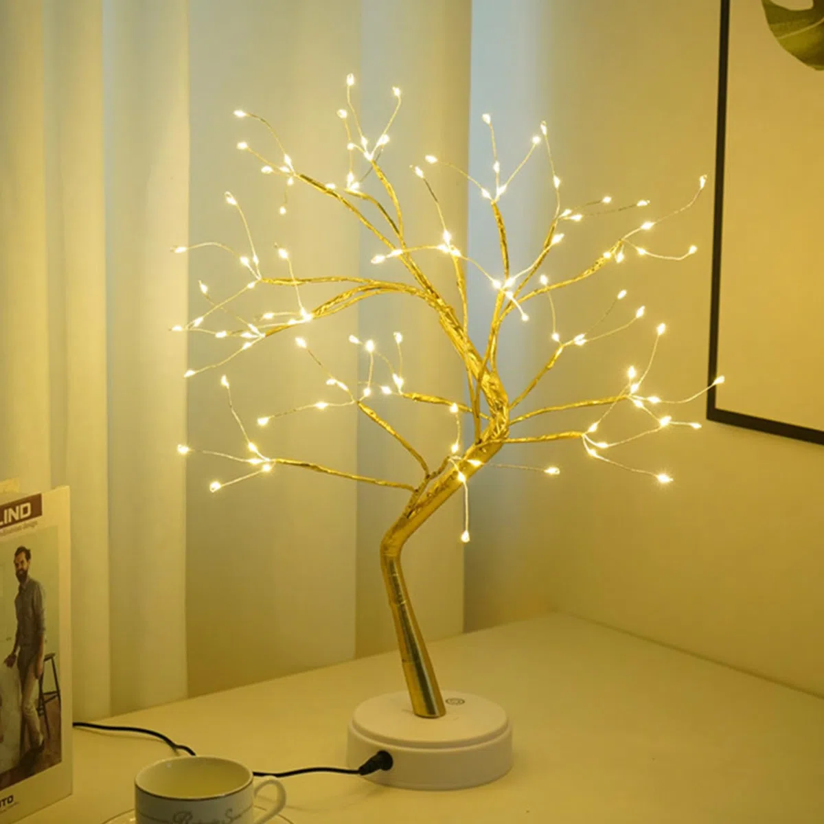 Kinamy LED Albero Lampada da Tavolo Operata a Batteria e USB Alimentatore Plug-in Luce Alberi Rame Decorativo Regolabile Rami Luci Lampada da Scrivania Luce Notturna 108 LUCI