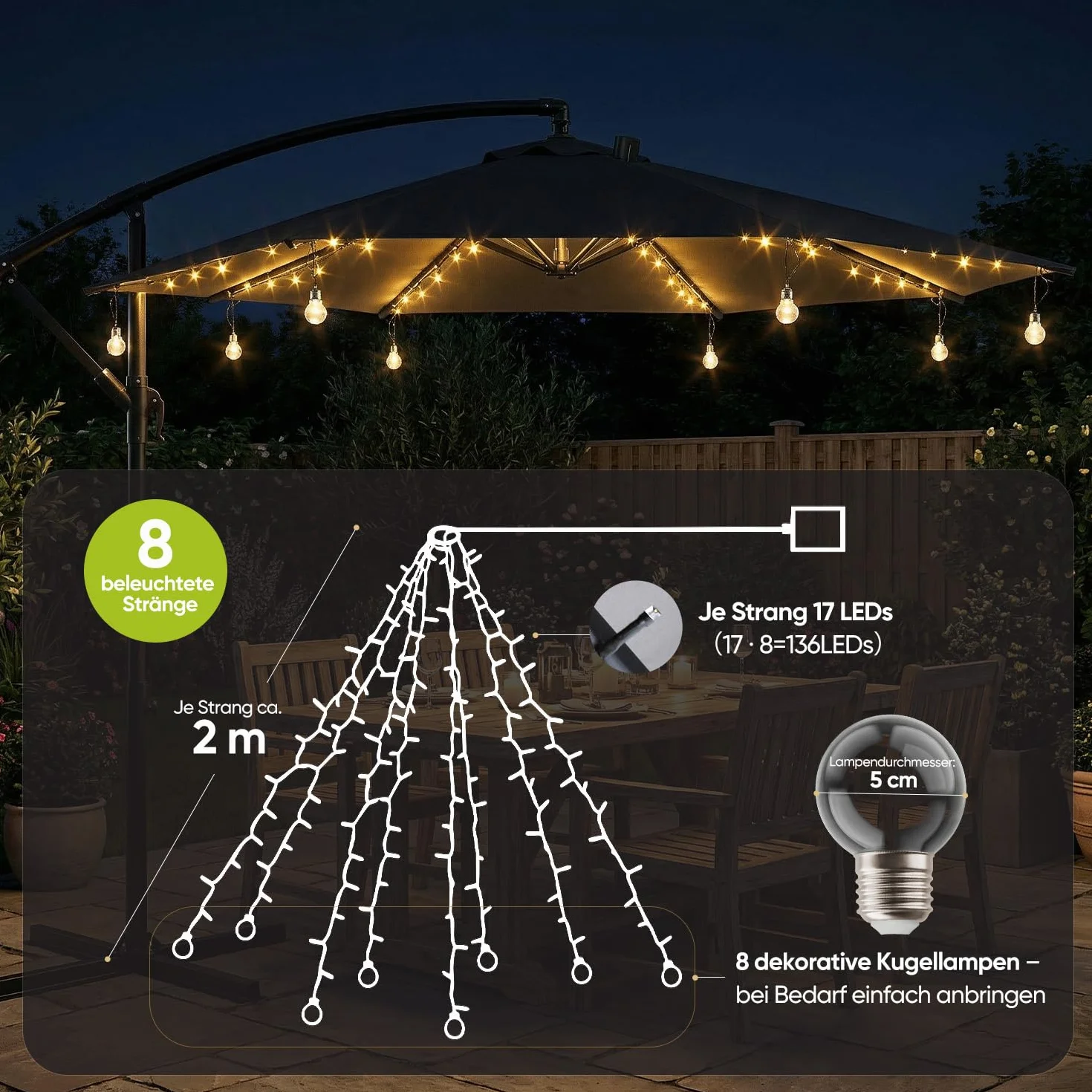 Sekey Luci per Ombrellone da Esterno Solare con 136 LED & 8 Lampadine, Catena di Luci per Ombrellone, Valida anche per Ombrellone Decentrato, 8 Modi + Telecomando, per Terrazzo Spiaggia