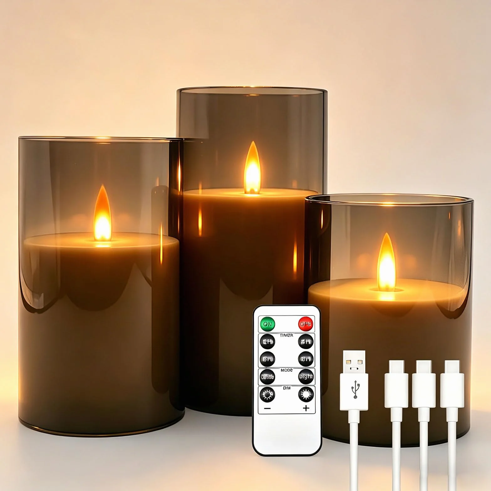 Da by 3 Candele LED Ricaricabili 1800mAh, Candele Senza Fiamma Tremolanti con Telecomando, Copertura Trasparente Grigio Scuro per Matrimoni, Natale e Decorazioni Feste