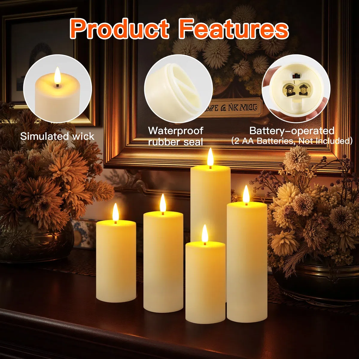 Ketom 8 Pezzi Candele LED Fiamma Oscillante, Candele Finte a Batteria con Telecomando e Timer, Avorio Pilastro Impermeabile Luci Senza Fiamma, D5,5cm, Altezza 13/15/17/20cm, Pile Non Incluse