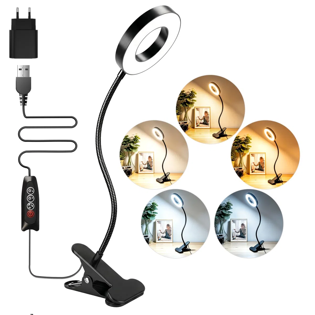Akynite Lampada da Scrivania USB con Pinza e Timer, Adattatore incluso, 5 Colore 10 Intensità, Lampada Pinza Nera, 48 LED Lampada con Clip, Flessibile Lampada da Lettura Letto