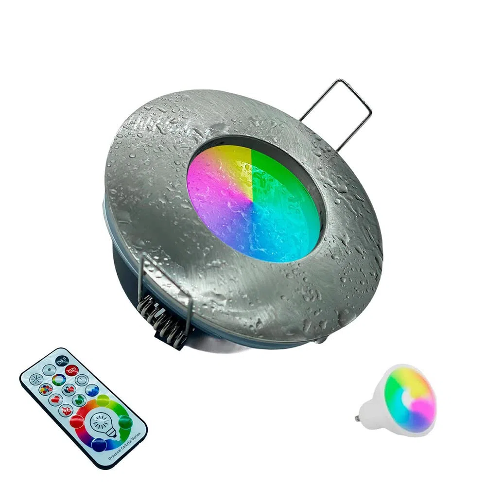 Faretto Silver spazzolato Led da incasso per bagno box doccia lampada RGBW 4000k 5W GU10 cromoterapia con telecomando cambia colore ed effetti partenopeautensili®