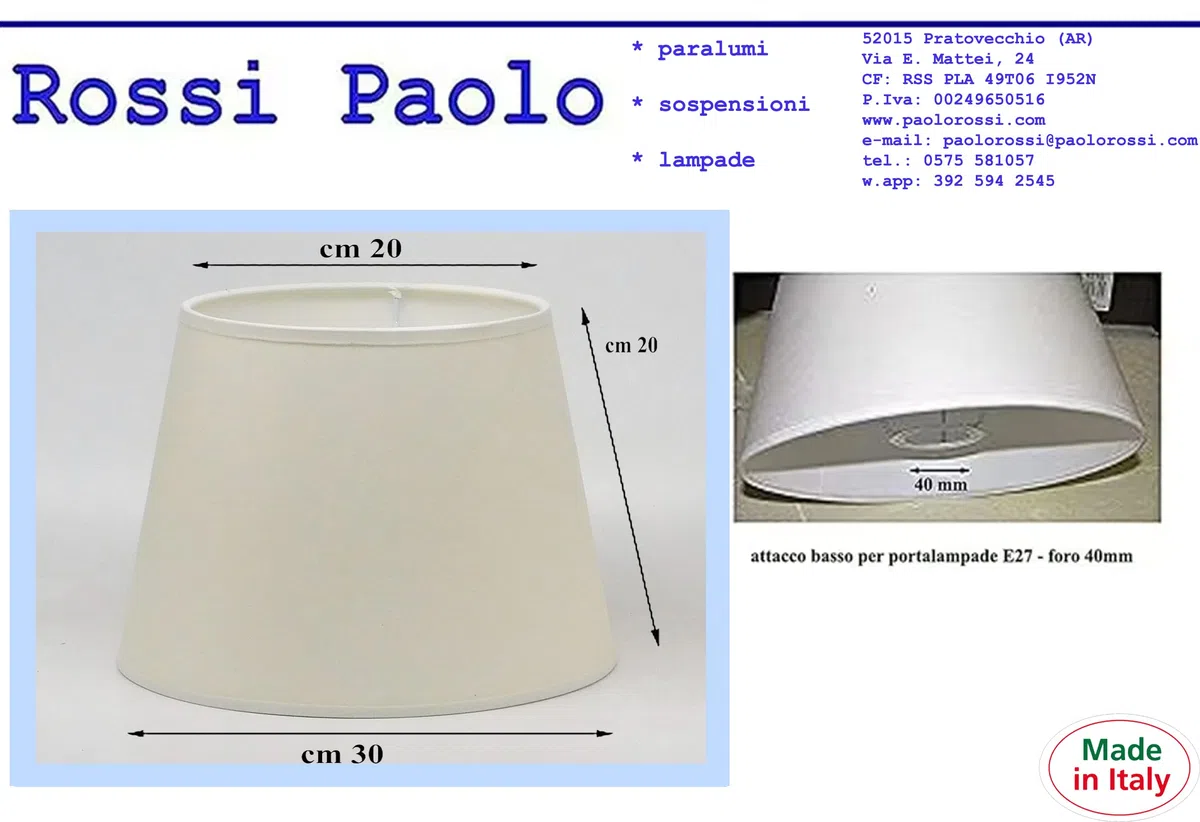 Paolo Rossi Paralume Prime tronco cono in tessuto avorio e interno PVC - Produzione Propria - Made in Italy (diametro cm 30)