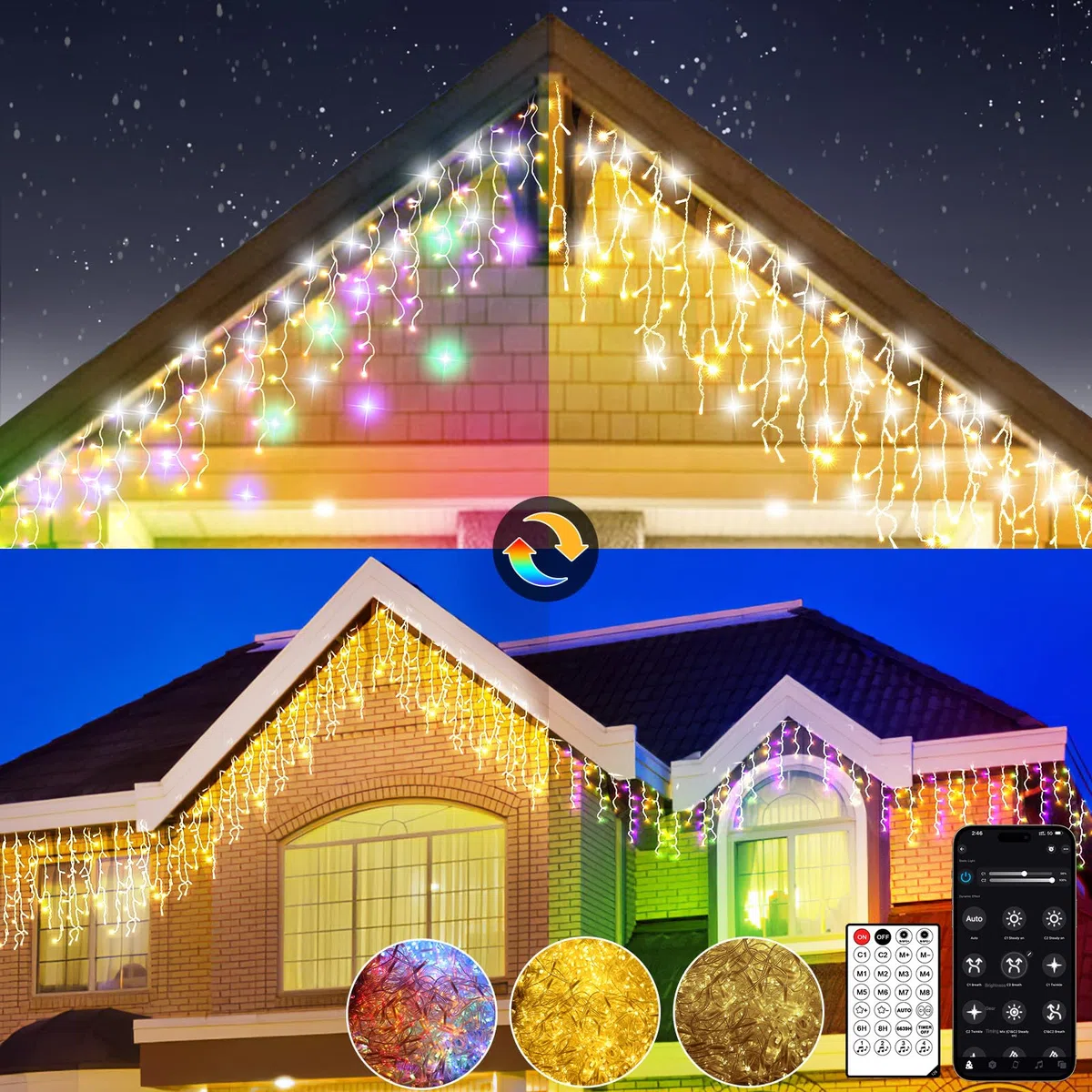Luci Natale da Esterno Cascata, Luci Natale Esterno Bianco Caldo e RGB, Tenda Luci Natale Esterno con APP e Telecomando, 17 Modalità, 4 Luminosità, Timer, Decorazioni Natale Esterno(15M-600L,C/RGB)