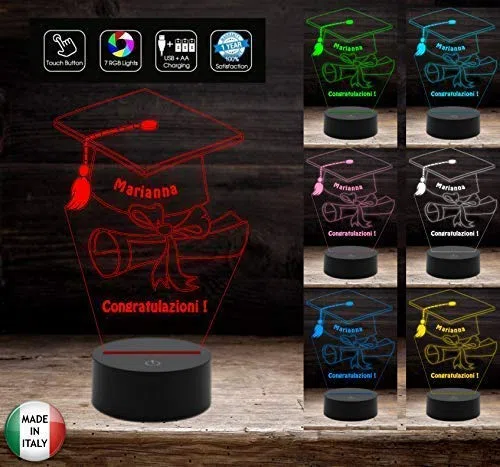 Generico Idea Regalo Laurea Lampada LED 7 Colori Tocco Personalizzabile con Nome da Scrivania in Acrilico e ABS
