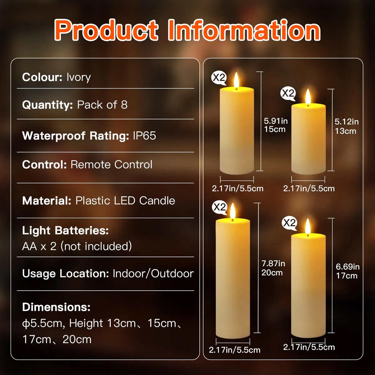 Ketom 8 Pezzi Candele LED Fiamma Oscillante, Candele Finte a Batteria con Telecomando e Timer, Avorio Pilastro Impermeabile Luci Senza Fiamma, D5,5cm, Altezza 13/15/17/20cm, Pile Non Incluse