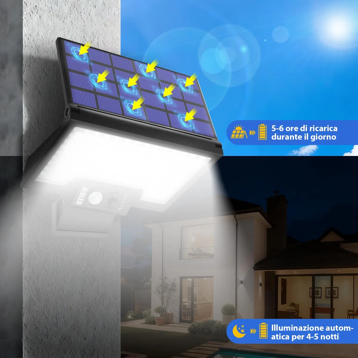 JESLED Luce Solare LED Esterno, 108LED Faretto con Sensore di Movimento, 2600mAh Lampada Girevole, 4 Modalità Luci Ricaricabile per Giardino