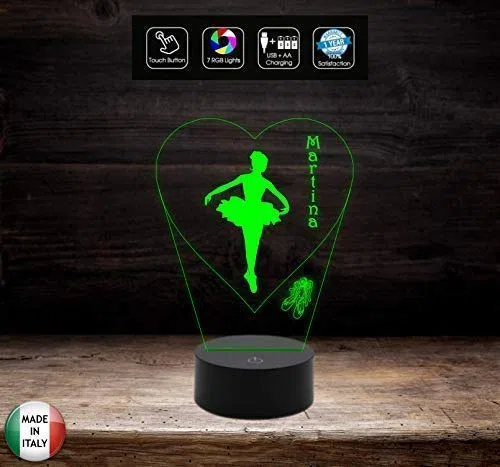 Generico Regalo Ballerina Lampada LED 7 Colori Selezionabili Danza Personalizzabile con Nome Luce da Notte in Acrilico e ABS