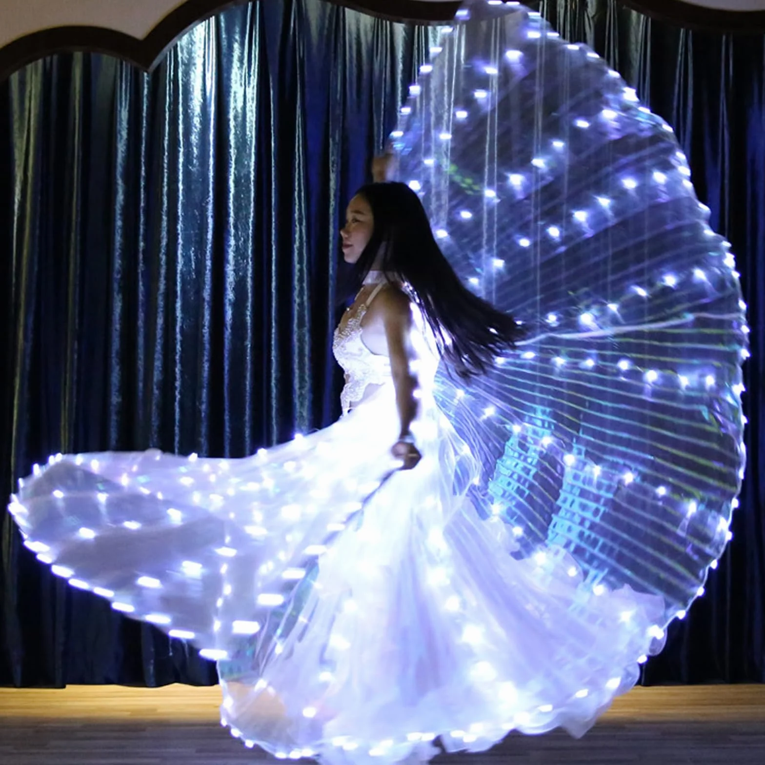 Ali da danza a LED con asta telescopica 360, design con chiusura, funzionamento a batteria, con ali di farfalla illuminate a LED, con cavo di prolunga (adulto, luce bianca)