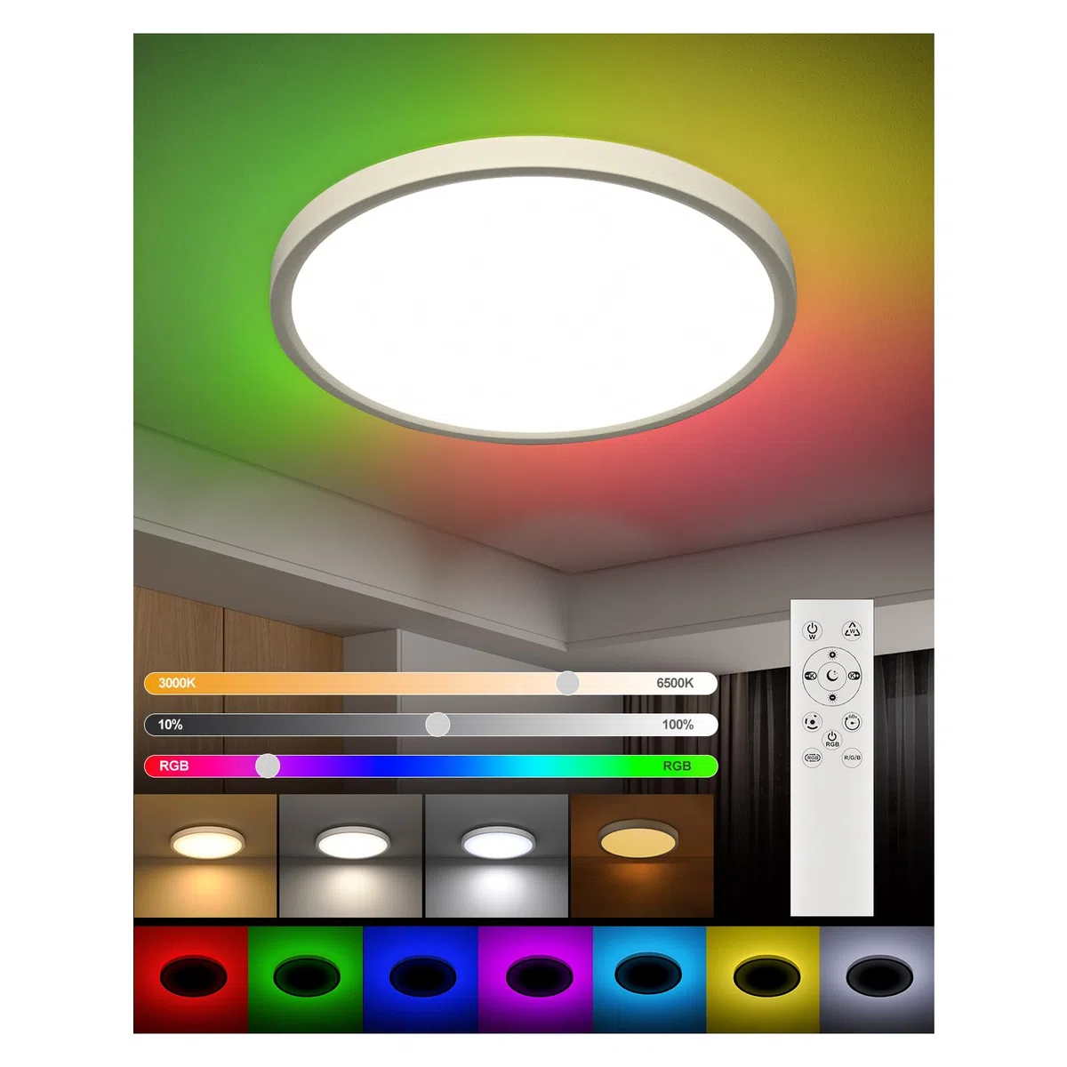 DetarZinLED Plafoniera LED Soffitto Camera da Letto, 24W 2700LM 30cm Lampada da Soffitto Tonda Dimmerabile con Telecomando, Lampadario Bagno IP44 Impermeabile, Luci RGB Colorate per Corridoio Interno