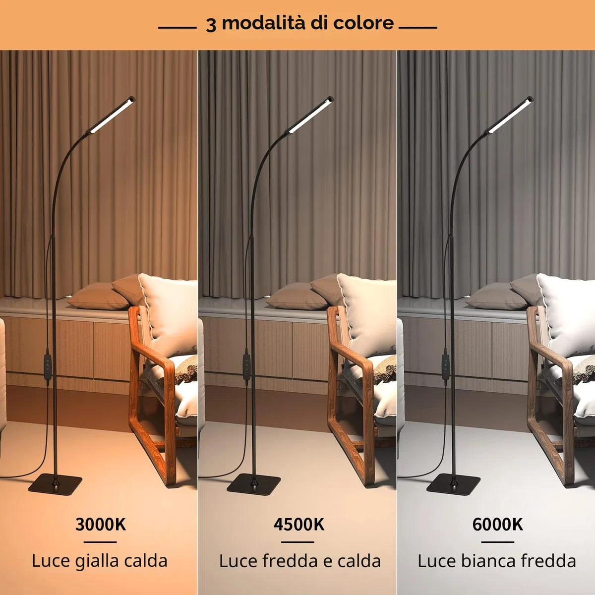 iFalarila Lampada da Terra 120 LED 10W, Piantana con 3 di Colore e 10 Luminosità, Lampada a Stelo Flessibile a Collo d'oca per Soggiorno, Camera da Letto, Ufficio(Nero)