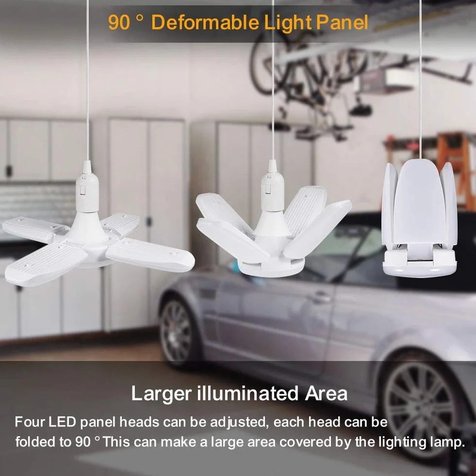 Plafoniera Led Soffitto Garage, E27/E26 80W 8000LM Lampada da Negozio Deformabile con 4 Pannelli Regolabili Plafoniera LED per Garage, Magazzino, Officina, Cantina, Palestra, Cucina