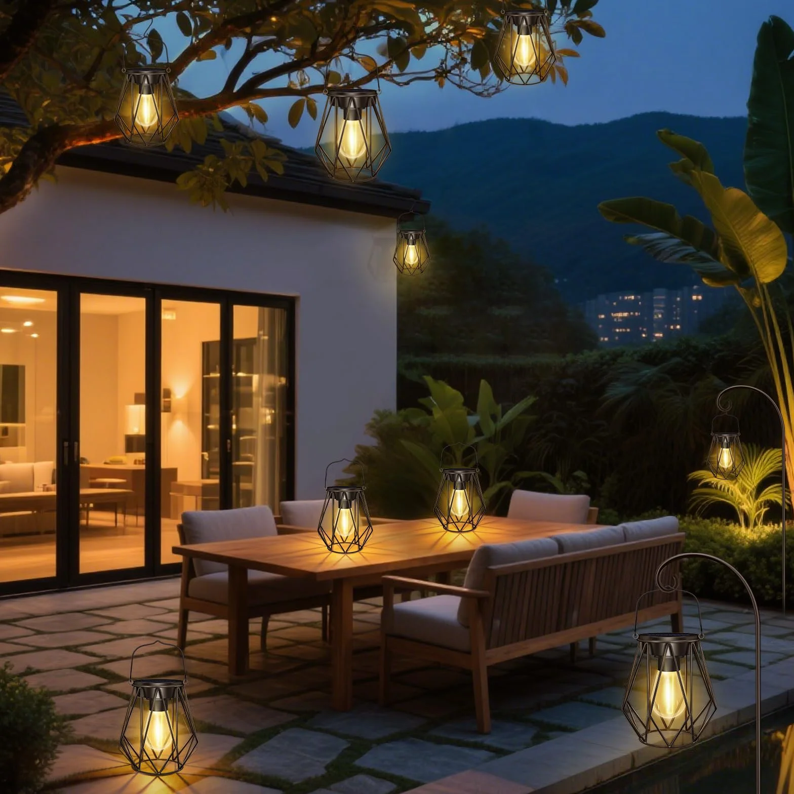 2 Pezzi Lanterna Solare da Esterno, IP65 Impermeabile Metallo Lampada Solare da Giardino, Appendere/In Piedi, Retro LED Lanterne Solari da Esterno per Patio, Terrazza, Decorazione, Balcone