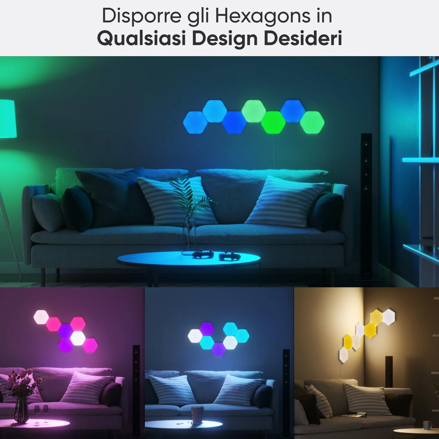 Nanoleaf Shapes Hexagon Starter Kit, 9 Esagoni Luminosi LED RGBW Smart, Applique da Parete Interno Modulari, Luci Led 16M Colori WiFi, Funziona con Alexa, Sincronia Musica e Monitor, Deco e Gaming
