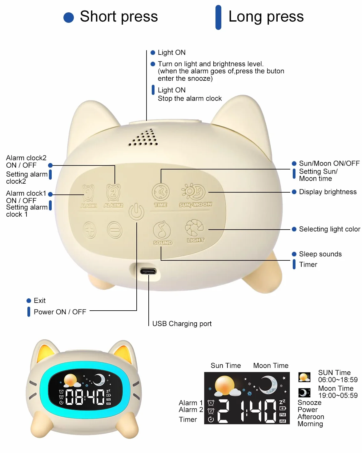 Uplayteck Sveglia per Bambini, Sveglia da Comodino per Bambine con 5 Luci Notturne & 4 Livelli di Luminosità, USB Ricaricabile Sveglie Luce Notturna con Snooze & 2 Allarme, Digitale LED con 7 Musica