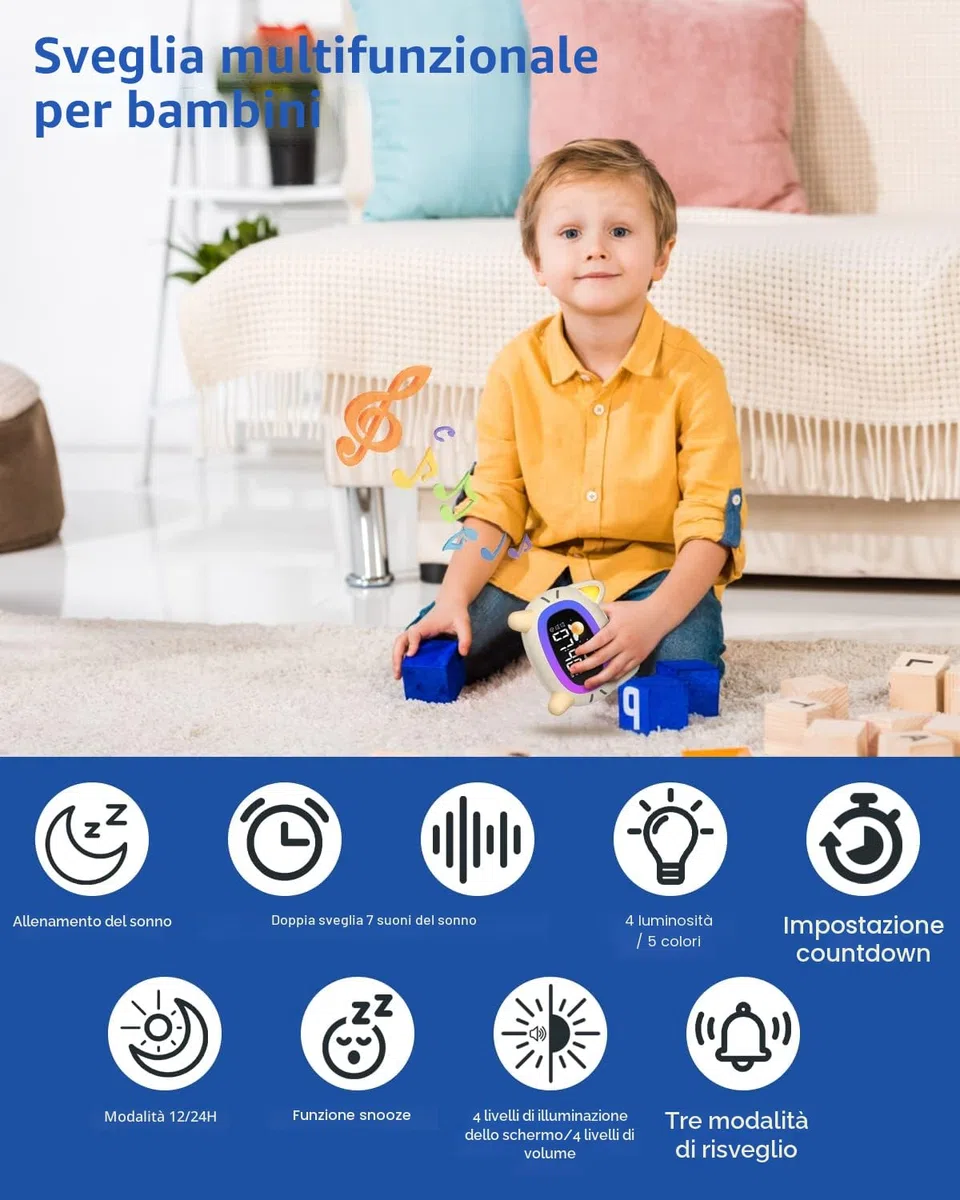 Uplayteck Sveglia per Bambini, Sveglia da Comodino per Bambine con 5 Luci Notturne & 4 Livelli di Luminosità, USB Ricaricabile Sveglie Luce Notturna con Snooze & 2 Allarme, Digitale LED con 7 Musica