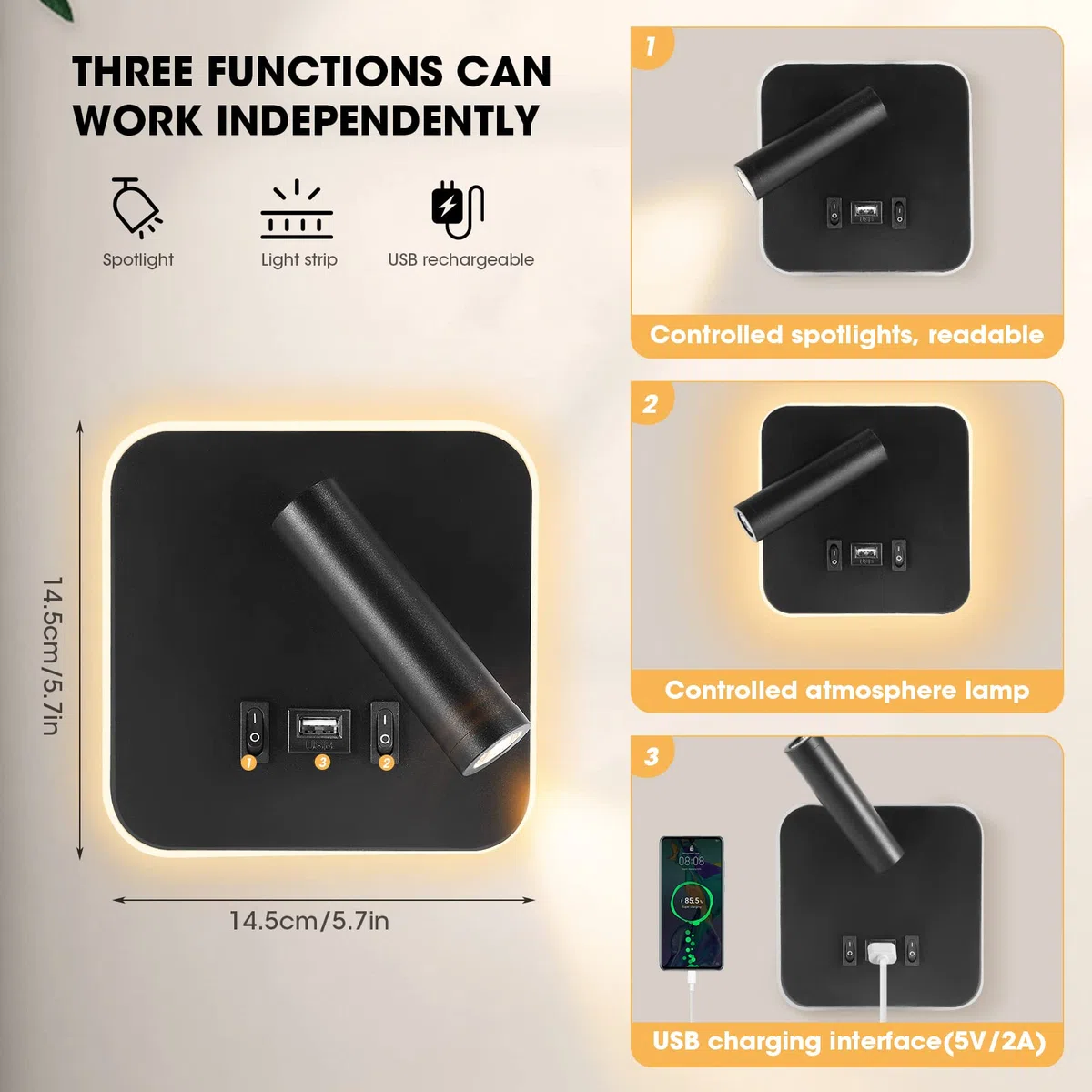 Applique da Parete da Lettura sul Comodino 3W + 9W 3000K, Lampada da Parete a LED con Porta di Ricarica USB e Interruttore, Faretto Regolabile per Camera da Letto Scale Salotti Hotel(quadrato 1 nero)