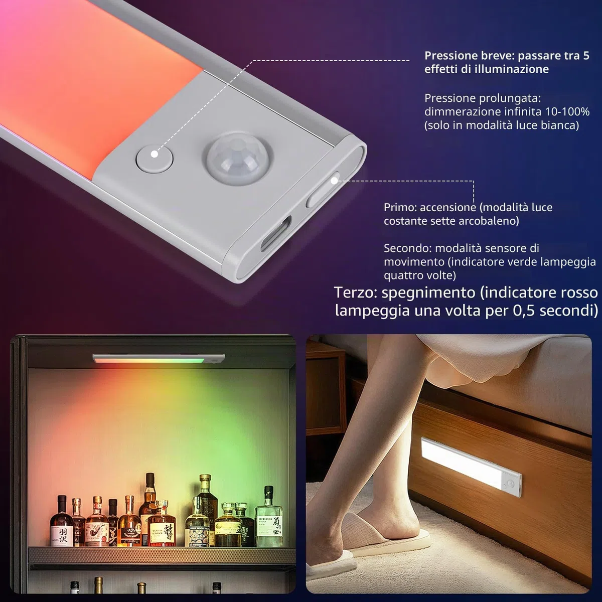 Euakee 2 Pezzi 23CM RGB IC LED Lightbar Senza Fili con Rilevatore di Movimento, Luce Sotto Armadio Cucina Dimmerabile, Barra Luminosa Ricaricabile USB Luce Notturna per Camera da Letto Decorazione