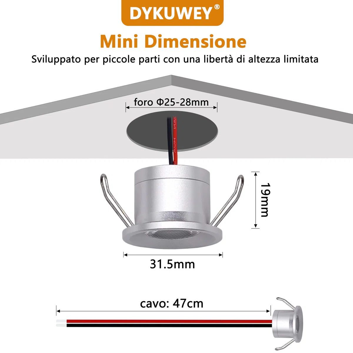 Set di 6 Faretti Led da Incasso per Cartongesso,2W Mini Faretti Led Soffitto,IP65 12V Faretto LED Ultrasottili 19mm,foro 25-28mm,faretti led Per Luci Cucina Bagno (Argento Bianco Neutro 4000K)