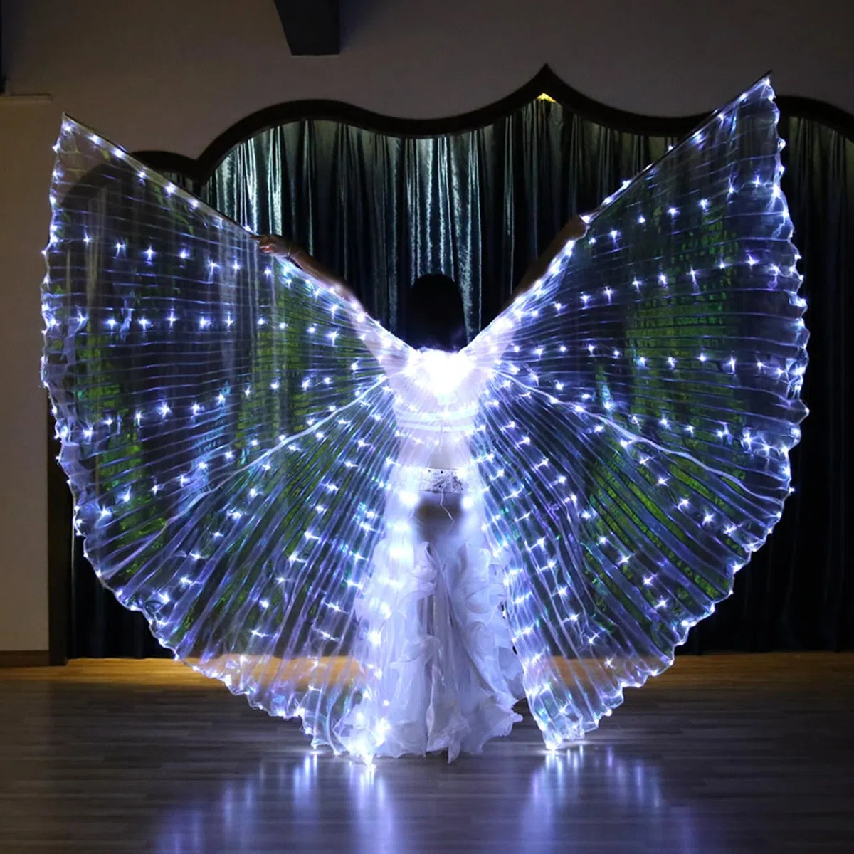 Ali da danza a LED con asta telescopica 360, design con chiusura, funzionamento a batteria, con ali di farfalla illuminate a LED, con cavo di prolunga (adulto, luce bianca)