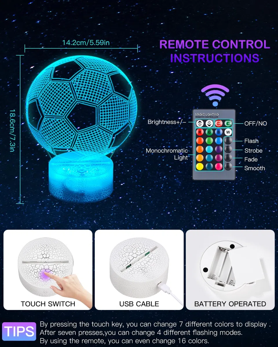Yulado Luci Notturna 3D, Lampade 3D Illusione Ottica Luce Notturna con 16 Cambi di Colore e Telecomando, Regalo de Calcio per Bambini 7 anni maschio