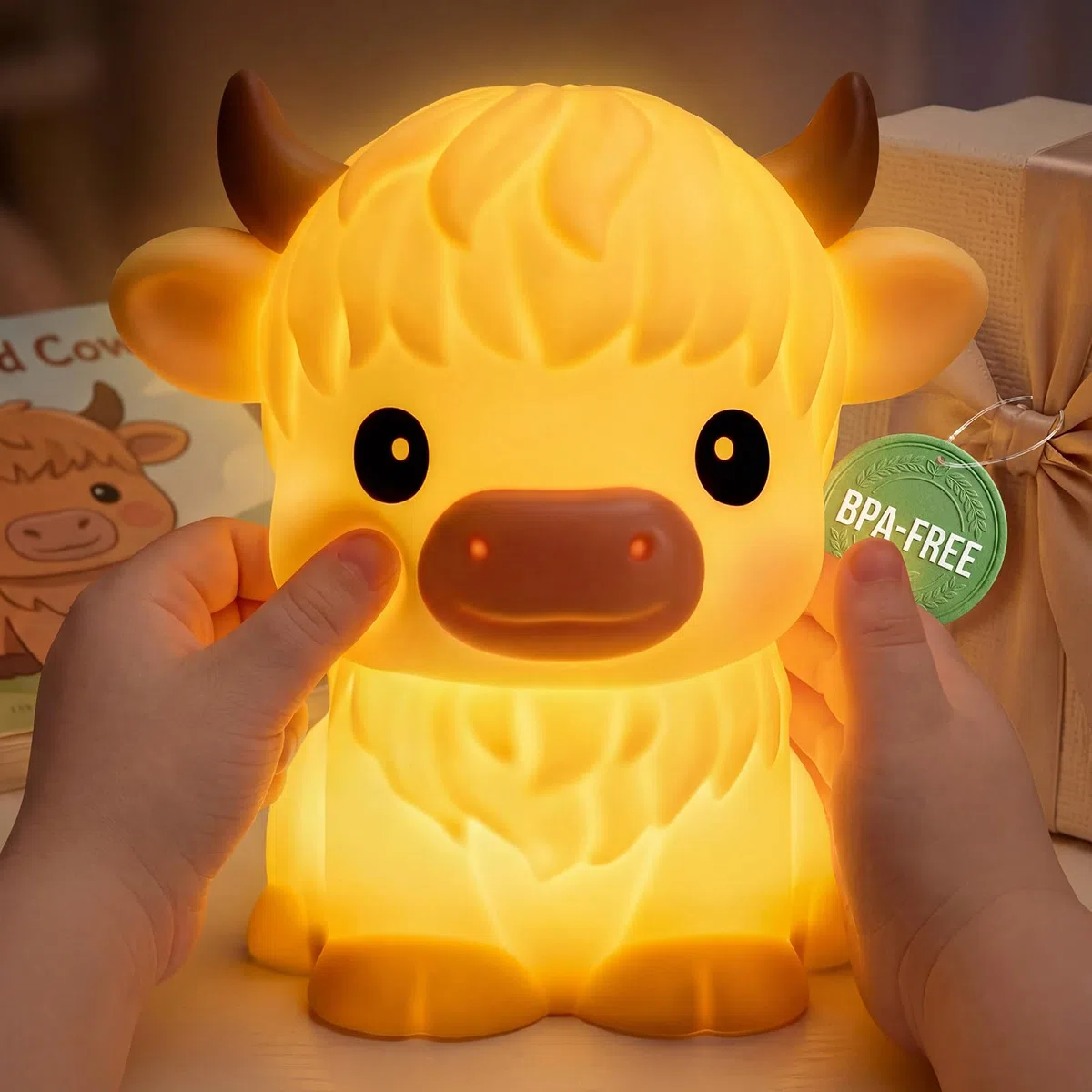 Mewaii Huggwaii, Luce notturna a forma di mucca delle Highland per bambini, dimmerabile, in silicone, a forma di mucca, con 30 timer di spegnimento automatico, decorazione carina per ragazzi e ragazze