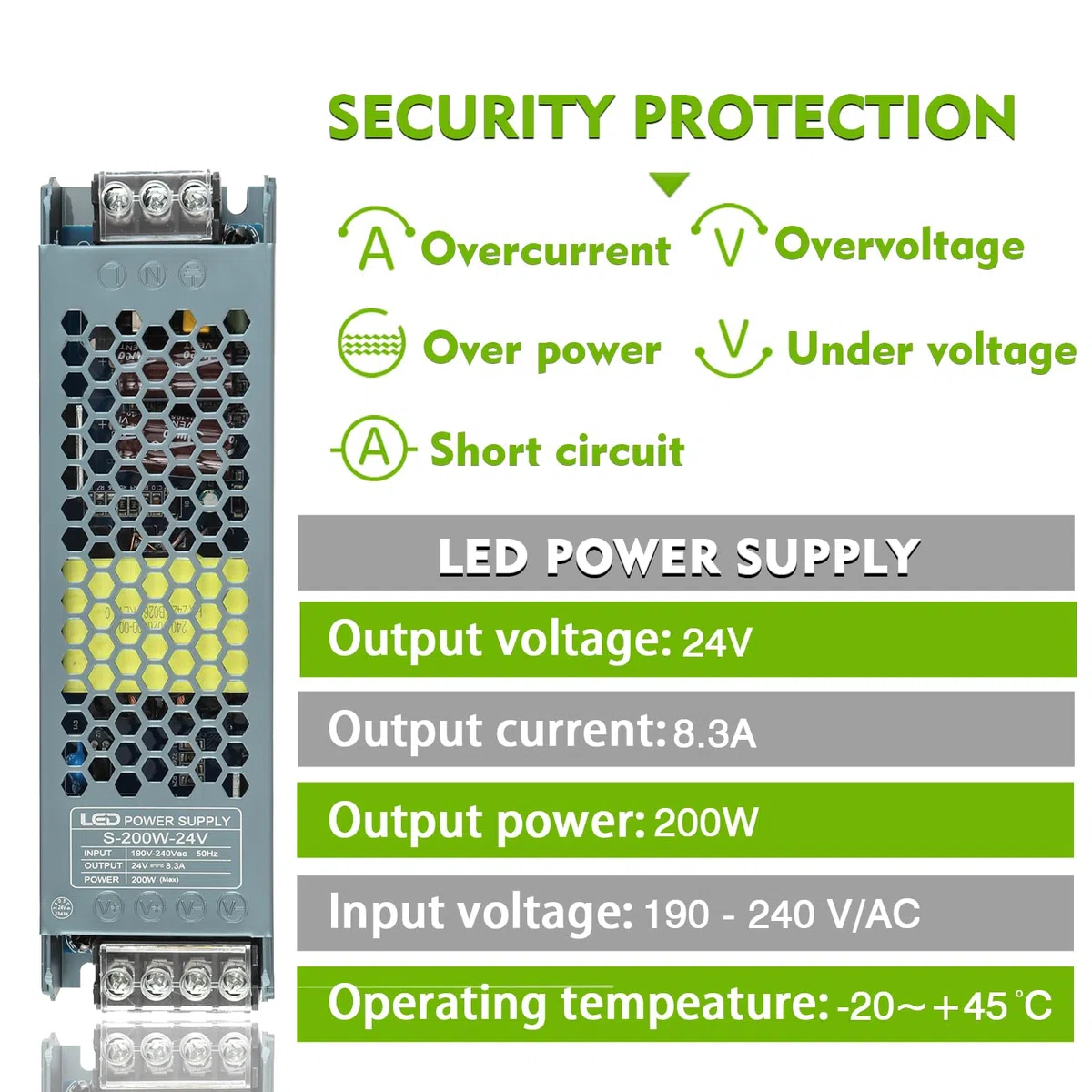 Trasformatore LED 24V 200W, 8,3A, 24V DC, 200W, 190-240V AC, 50Hz, IP20, Protezioni Multipla, Dissipazione Calore, Versatile, Facile Installazione