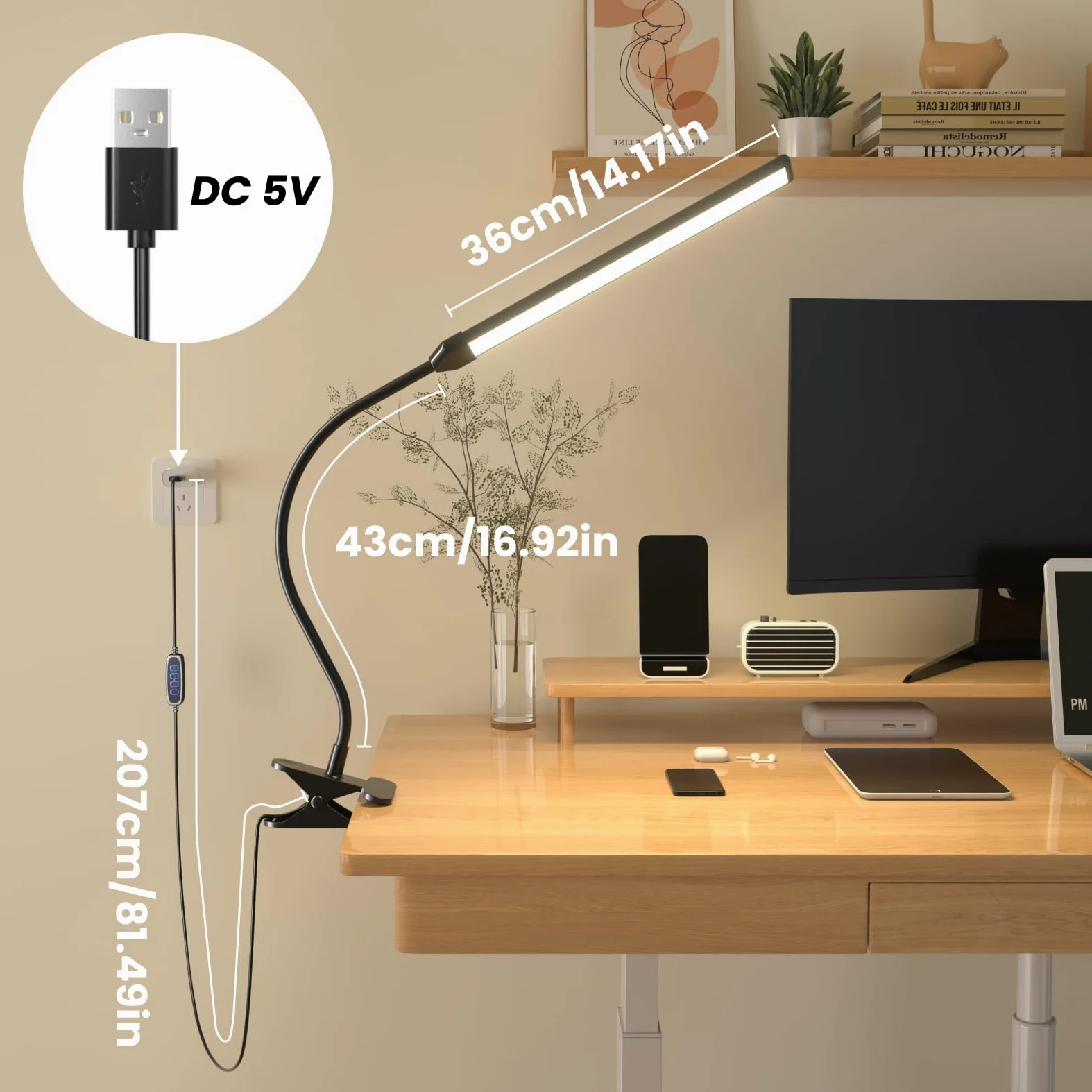 Lampada con Pinza Morsetto per Pittura Artistica, 3 Modalità Colore, 10 Livelli Luminosità, 300lm Luce da Lettura per Dipingere e Disegnare con Braccio Flessibile, Alimentazione USB