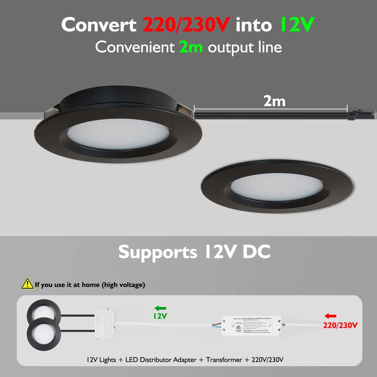 HCFEI Set di 3 faretti da incasso a LED da 12 V, ultra piatti, 3 W, foro da 55 mm, con cavo da 2 m, IP44, per armadi a specchio, vetrine, mobili e armadi (nero, 3000 K)