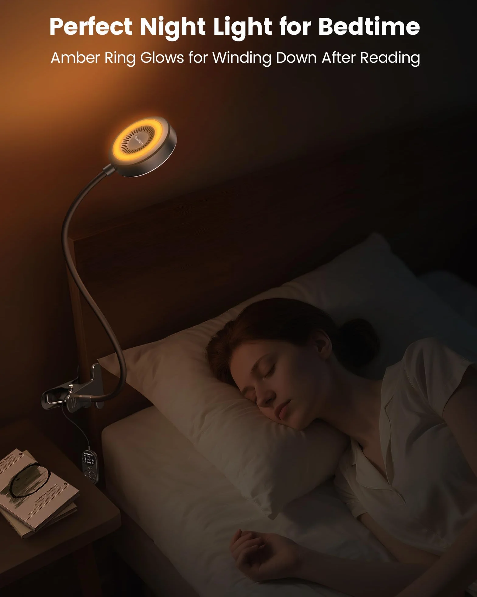 Glocusent Lampada da Lettura 72 LED, Luce da Lettura-3 Colore e 5 Luminosità, USB Lampada con Pinza con luce notturna ambra & timer 30/60 min (Nero con adattatore e telecomando)