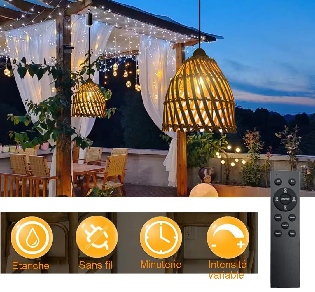 Lampadario Da Esterno A Batteria Lampadario A Sospensione A Batteria Con Telecomando, Lampadario Rattan Da Esterno Luminosità Regolabile Timer Lampadario Da Esterno Per Gazebo