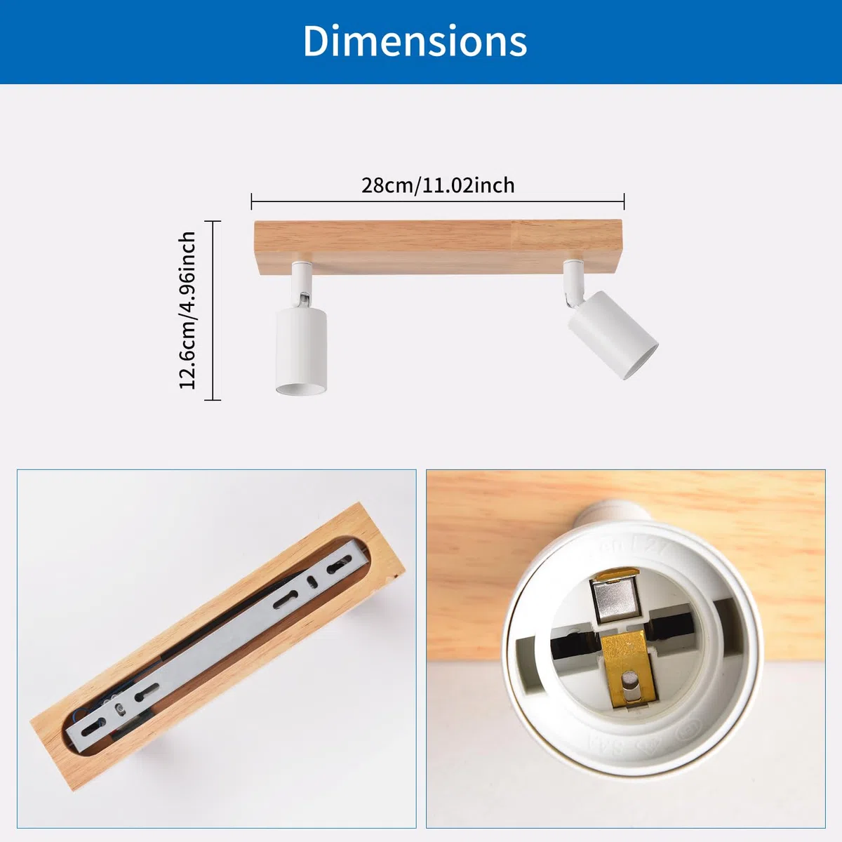 ANWIO Faretti da Soffitto Orientabili,Faretti da Muro,Lampadario con 2 Lampadine LED Attacco E27,Applique da Parete,Base di Legno,Plafoniera per Negozio, Bar,Vetrina,Cucina (Lampadine Escluse)