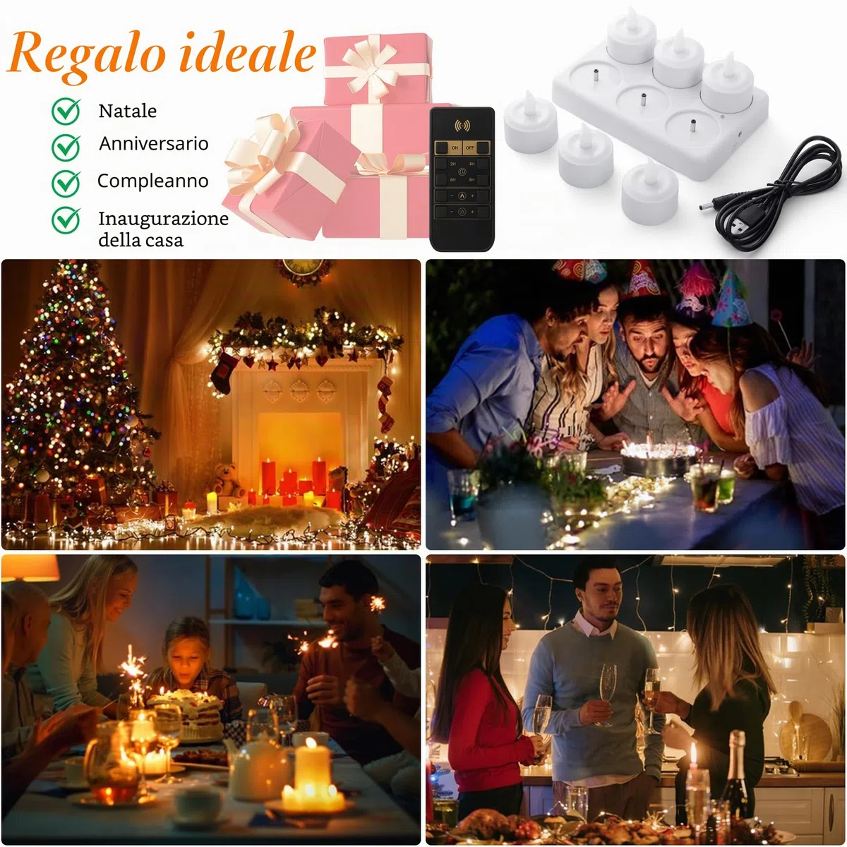 EXTSUD Set di 6 Candele Riscaldatore LED Ricaricabile Candela LED Fiamma Tremolante con Stazione di Ricarica e Telecomando, Decorazione per Natale Compleanno Matrimonio Cena Ristorante Hotel