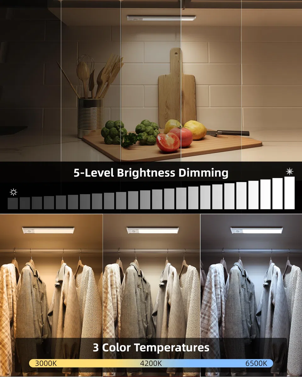 EZVALO Luce Armadio,Barra LED Sottopensile,20cm (2 Pezzi) 62 LED, 1600mAh,3 Temperature Regolabili,Dimmerabile Con Sensore Di Movimento 3 Modalità, Senza Fili Per Guardaroba、Cucina、Corridoio