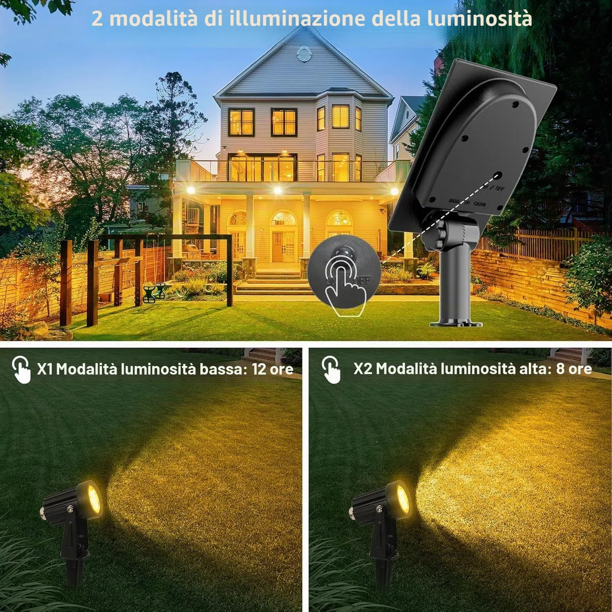 NATPOW Faretti Solari a Led da Esterno, 2 in 1 Luce 3000K Luci Solari da Giardino, 2 Modi, Automaticamente Acceso o Spento, Impermeabile IP65 Luci Esterne ad Energia Solare per Cortile, Patio, Alberi