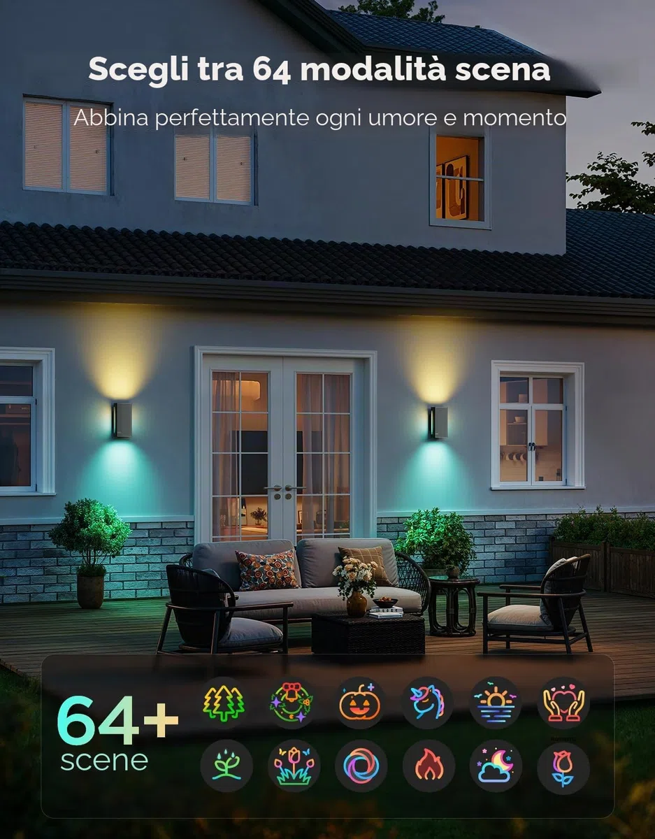 Govee Applique da Parete Esterno UpDown, 1400lm RGBICWW, IP66, 2 Pezzi | 2700K–6500K Luci Intelligenti per Portico da Esterno, 64 Scena, DIY, Matter/Alexa/Google, Veranda, Balcone, Terrazza