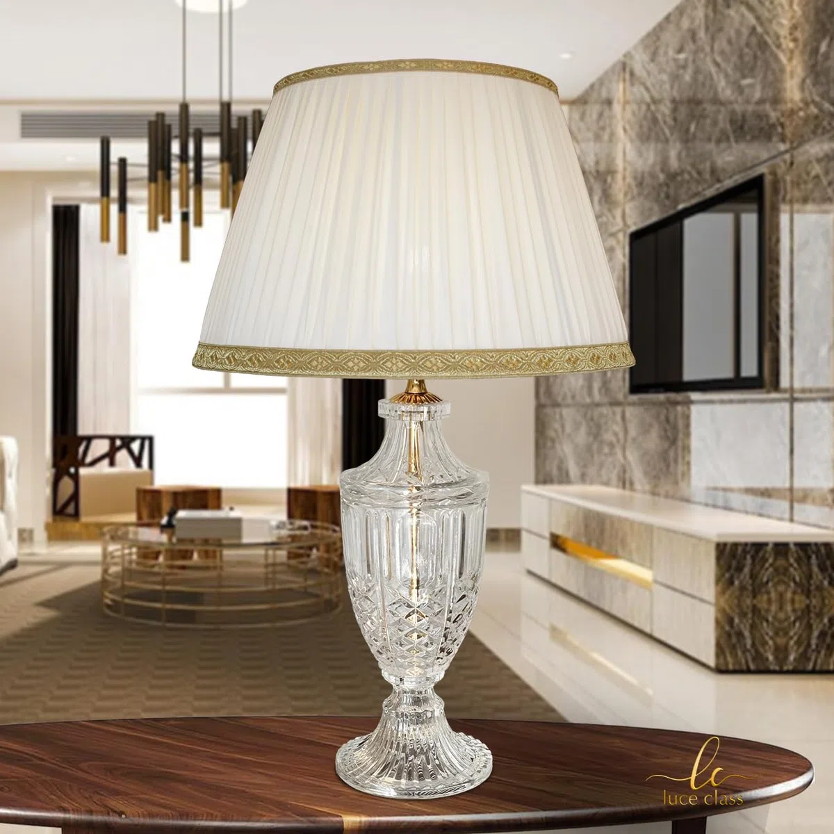 Generico LUCECLASS - Lampada da tavolo classica in puro cristallo e ottone con paralume seta plissé, lume classico elegante di lusso per salotto, salone, hotel, contract