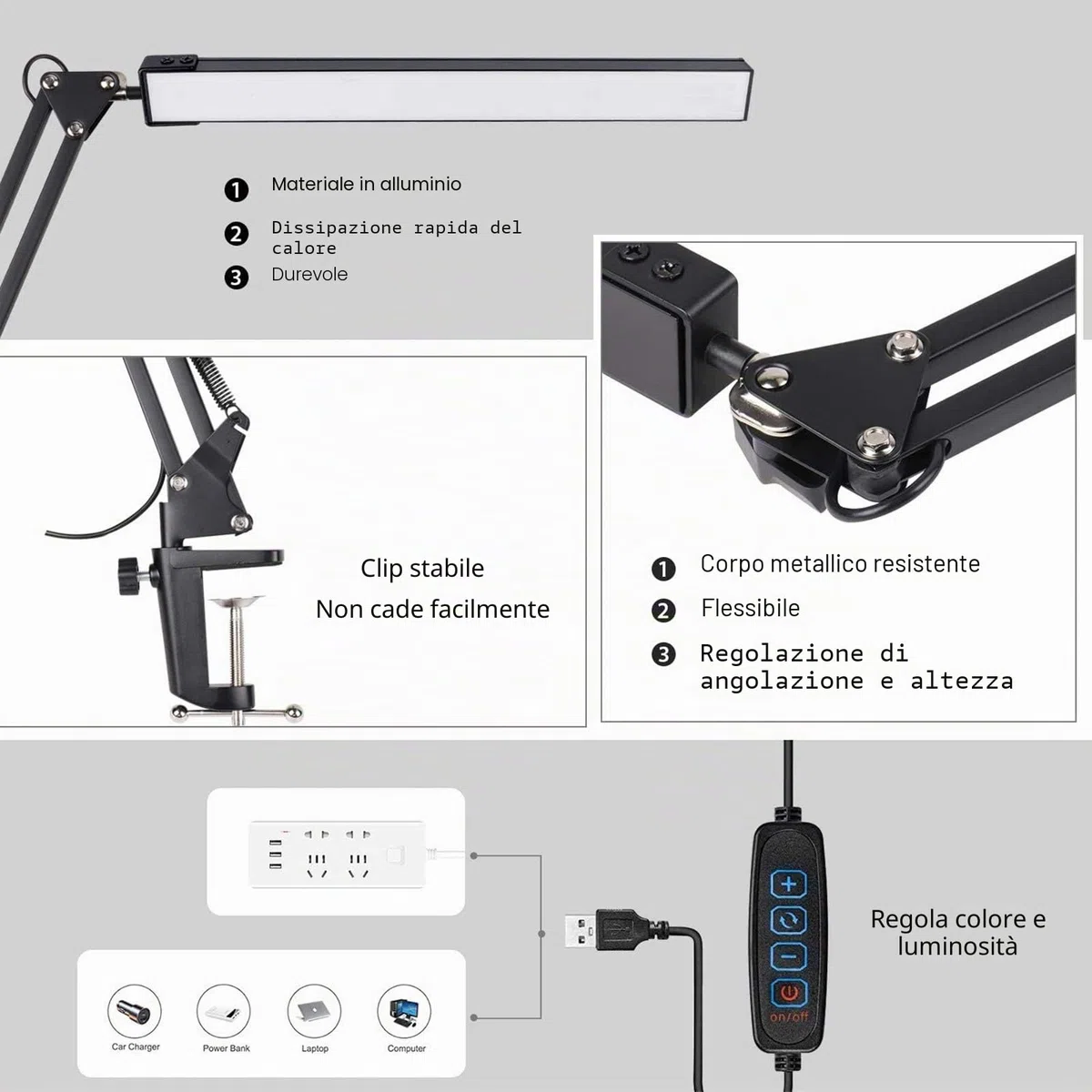 SKYLEO Lampada da Scrivania a LED - da Tavolo con clip - per la cura degli occhi - 3 modalità di luce x 10 livelli di luminosità - Nero