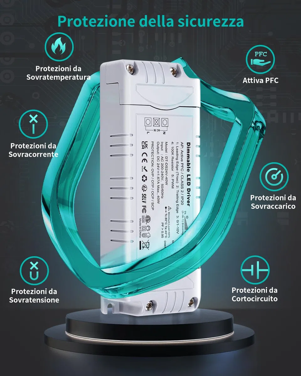 REYLAX Trasformatore LED 24V 40W 1.67A Dimmerabile Triac & 0/1-10V, Alimentatore 24 Volt di Tensione Costante Driver LED AC 220V to DC Trasformatori di Bassa Tensione