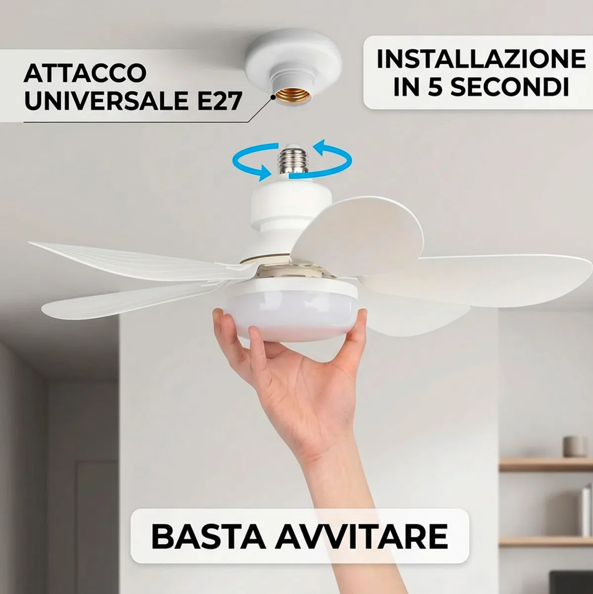 Ventilatore da Soffitto con Luce LED E27 e Telecomando, Ventilatore Lampadario 42 cm con 3 Velocità e 3 Colori di Luce, Ventilatore da Soffitto Silenzioso con Attacco E27 Universale per Camera, Cucina