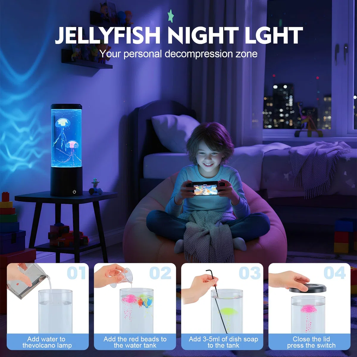 Lampada Medusa 20 cm, Alimentazione USB con 7 Colori, Lampada Atmosfera per Relax con Meduse Fluttuanti per Camera, Ufficio e Decorazione Domestica