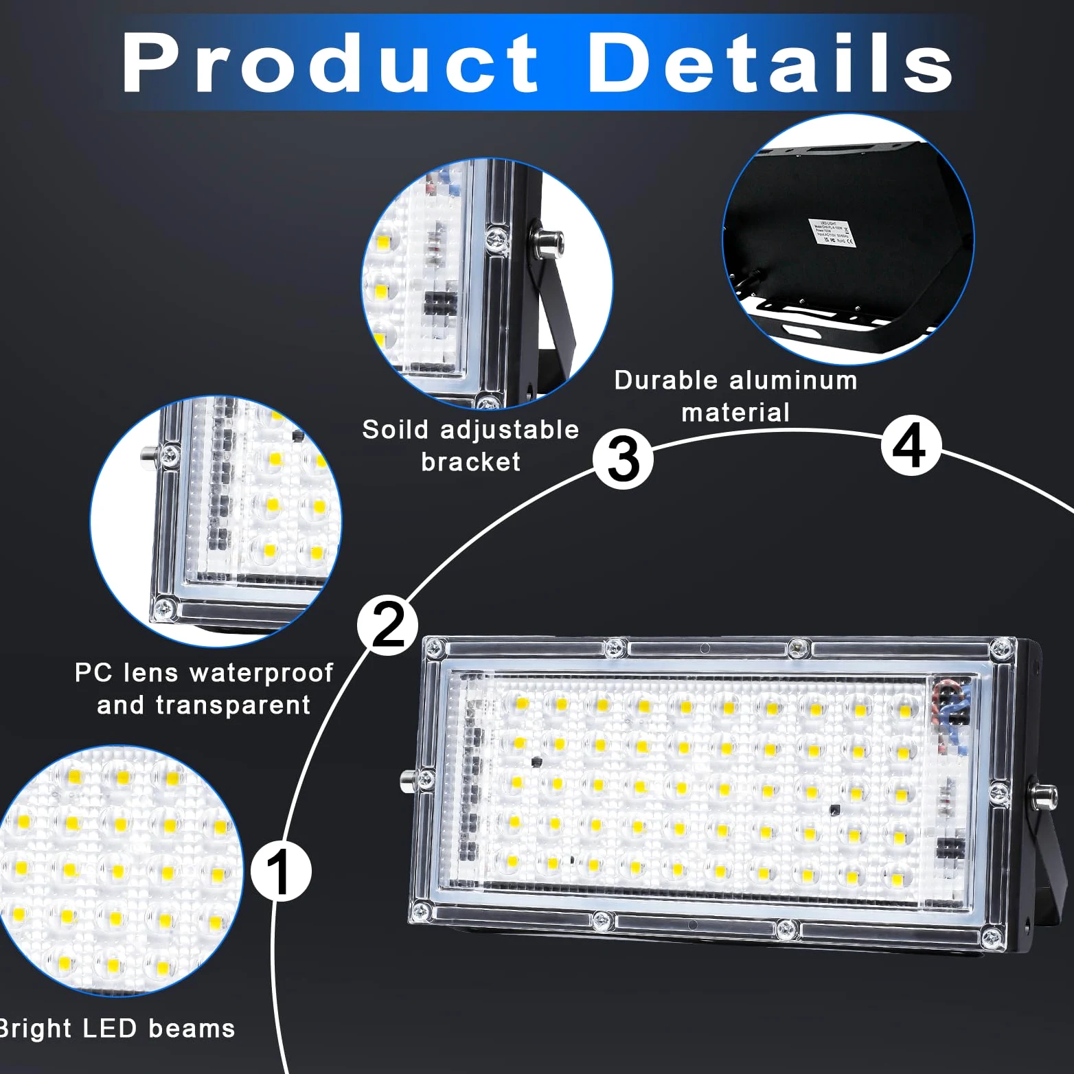 CREATESTAR Faretto LED da Esterno 50W,2 Pezzi Faro LED Esterno, 5000LM 6500K Luce Bianca Fredda, IP65 Impermeabile Faretti Led con Spina per Porte, Corridoio, Garage, Cortile e Giardino