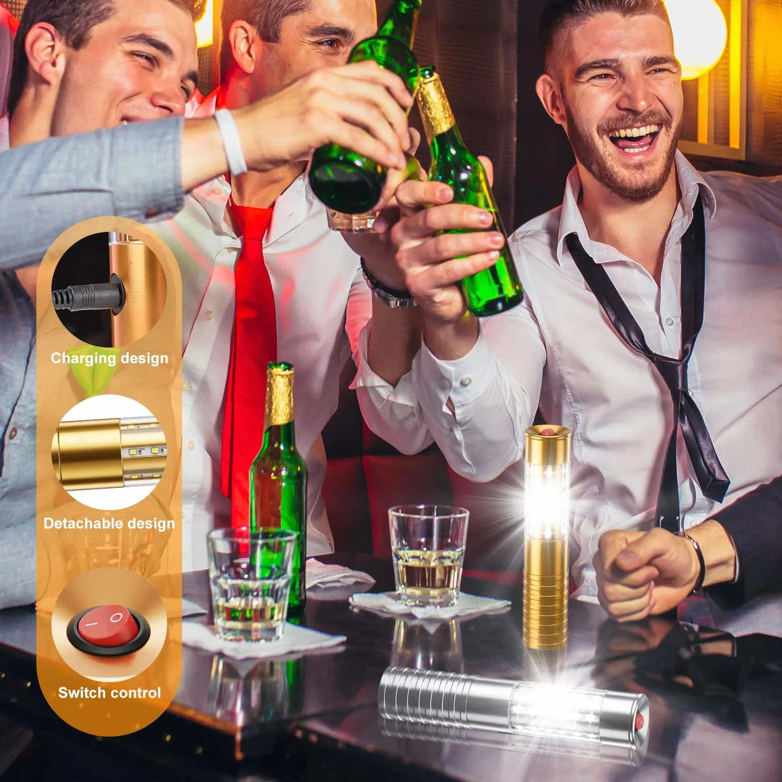 Righelli a LED stroboscopici per servizio di bottiglie, luce ricaricabile, luce a mano, lampada luminosa a LED fluorescente per discoteche, karaoke, matrimoni, feste, forniture di attività (Oro)
