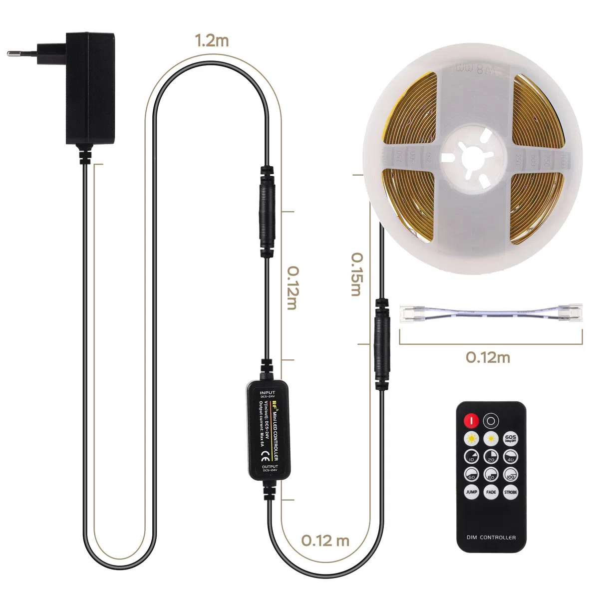ANTENLICHT Striscia LED COB 5M Bianco Freddo 6000K 36W, Strip LED Dimmerabile con Telecomando, CRI90+, 24V Larghezza 8mm, Striscia LED Adesivo Tagliabile
