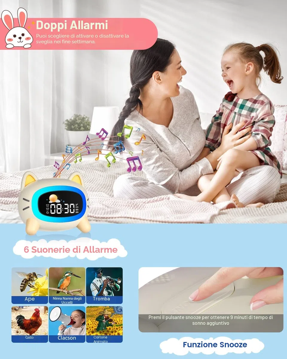 Uplayteck Sveglia per Bambini, Sveglia da Comodino per Bambine con 5 Luci Notturne & 4 Livelli di Luminosità, USB Ricaricabile Sveglie Luce Notturna con Snooze & 2 Allarme, Digitale LED con 7 Musica