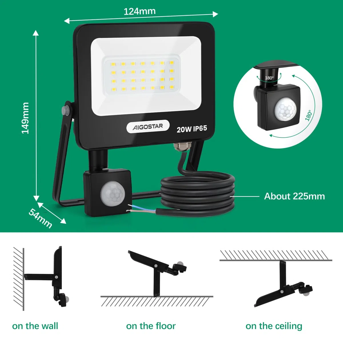 Aigostar 20W Faretto LED da Esterno con Sensore di Movimento，2 pezzi，1650 LM，Bianco Naturale 4000K，IP65 Impermeabile Faretti Led per Interno，Giardino， Cortile，Patio，Garage
