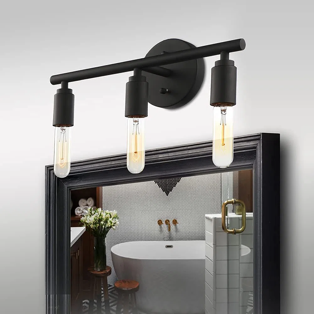 Applique candelabro Lampada da Specchio per Bagno, Applique da Parete con 3 luci Interno Vintage in Ferro Nero, Luce Specchio Bagno, Attacco E27, Lampadina non Inclusa. (Stile nero)